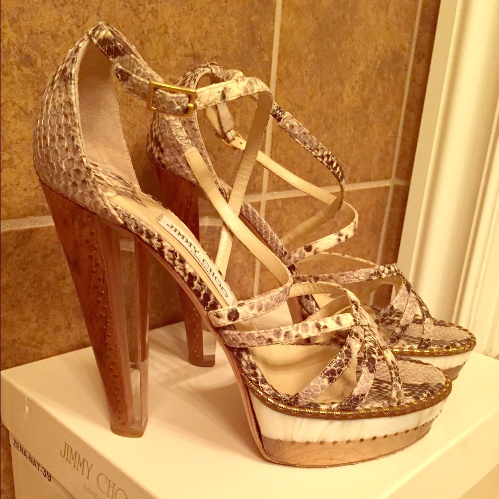 Jimmy Choo Snakeskin Platform Sandals in Beige and Brown